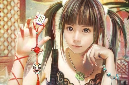 Girl - wide screen, illustration, painting, paint, art, red bond, portrait, beautiful, artwork, mahjong, little girl, i chen lin