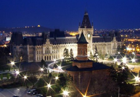 Romania Cultural Palace Iasi - iasi, streets, lights, romania, palace, cultural