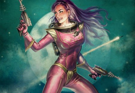 Space Warrior - space, woman, guns, planet, 3d, stars, armed