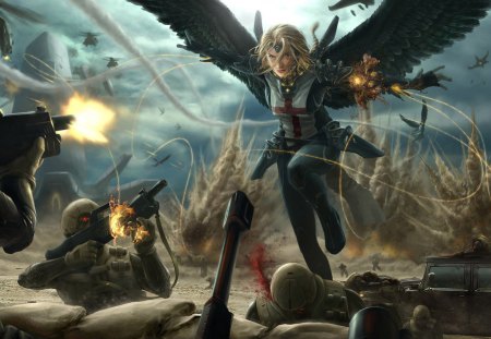 War Angel - winged, fire, guns, wings, war, plans, angel, builets