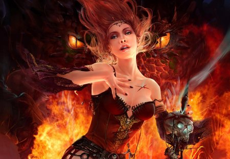 Hells Beauty - spear, fire, flames, beauty, hell, woman, skull