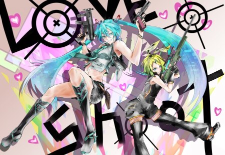 Guns & Hearts - girls, colorful, vocaloid, anime, guns, Hatsune mika, hearts, Kagamine Rin