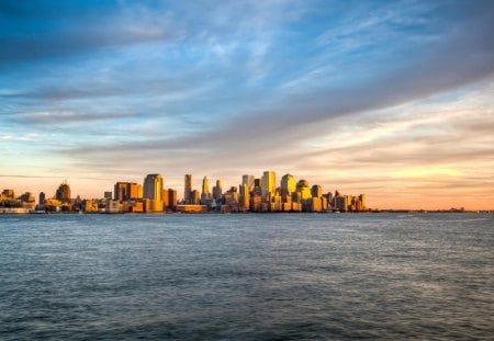 lower manhattan at sunset - city, bay, sunset, clouds