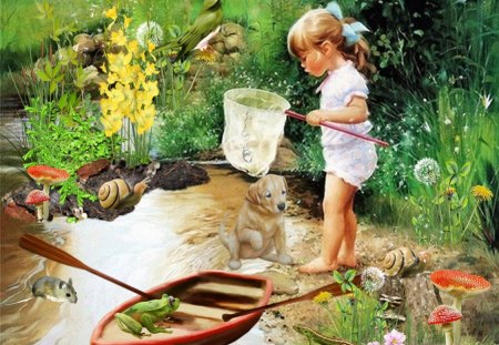 In the Creek - kid, summer, creek, boat, girl, frog