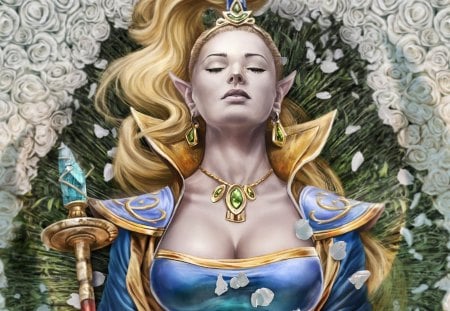 Female elf - Female, Scepter, Elf, White, Roses