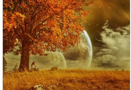 Autumn Thoughts - moon, autumn, girl, fantasy