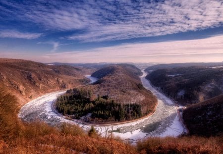 the river saar in france - gorge, river, clouds, frozen, horseshoe