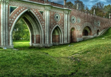 wonderful bridge in tsaritsyno park in moscow hdr - arches, hdr, bridge, grass