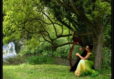 Singing For the Nature - melody, fantasy, harp, girl, nature, green