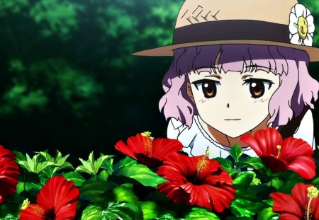 anime girl - flower, anime, girl, hat