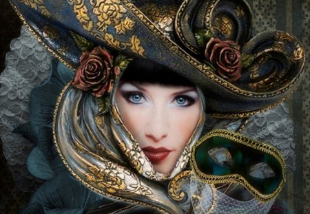 Venezia Romantica - hat, fantasy, mask, lady