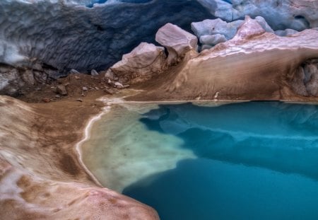 a pool of water in a glacier - dirt, ice, glacier, pool