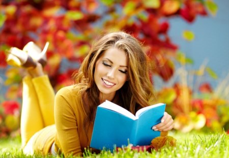 girl reading on the grass - girls, dairy, girl, smiling, reading, tree, grass, book