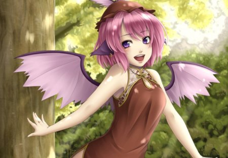 Mystia Lolerei - pretty, female, wing, ears, happy, purple eyes, touhou, mystia, woods, mystia lolerei, hot, beauty, lolerei, cg, wings, cute, 3d, sexy, anime, elegant, dress, forest, short hair, gorgeous, pink hair, hat, anime girl, realistic, beautiful, girl, lovely, cap, sweet, tree, lant, smile