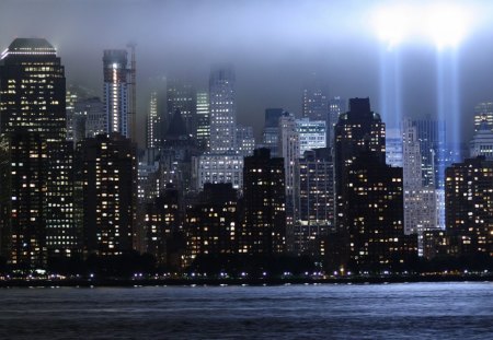 memorial light for the world trade center - city, memorial, lights, skyscrapers