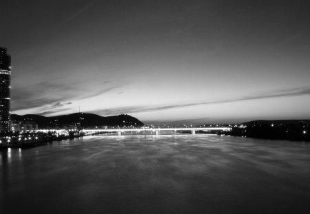 lit bridge at night - river, lights, city, night, bridge