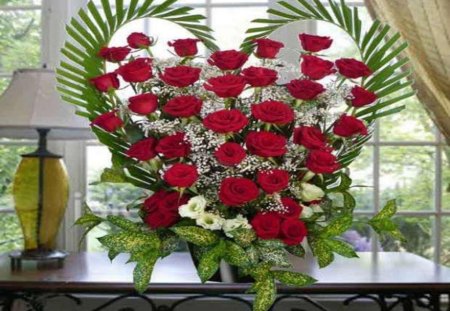 Bouquet of roses - love, roses, bouquet, rose, lovely, vase, white, pretty, romantic, window, red, beautiful, romance, lamp, flowers, desktop