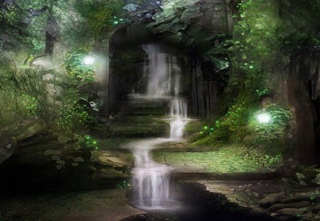 Mysterious Cave and Waterfall - lake, lamp, water, light, stones, trees, birds