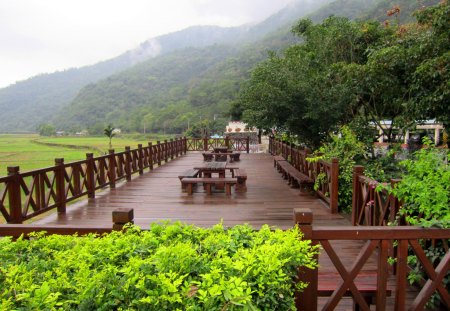 Viewing platform - fields, mountain, wooden, viewing, platform