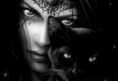 Black Cats Eyes - lip, dark woman, beauty, black cat, popular, female, wallpaper, black, fantasy, face, abstract, gorgeous, cats, purple eyes, black eyes