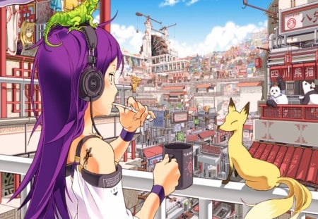 I want to live in this city ;( - fox, pandas, headphones, long hair, lizard, purple hair, cant think of a fourth, mug