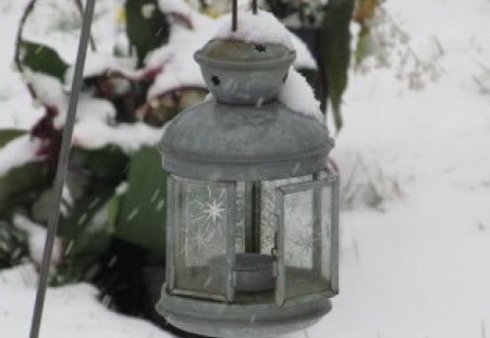 Light the Way - lantern, snow, light, grass