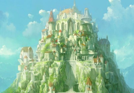 Anime Castle - game, anime, blue, manga, fantasy, green, art, castle, sky