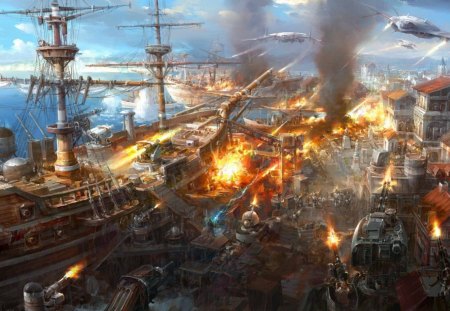 War - boat, ship, war, blue, fire, fantasy, view, aircraft, scenic, park jae cheol