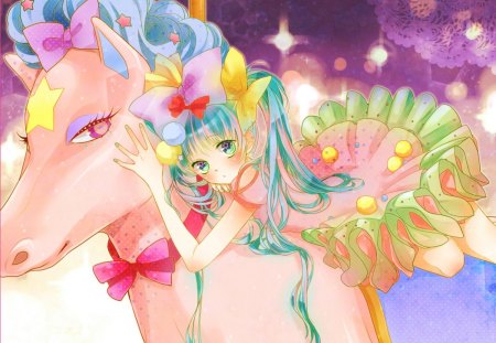 Hatsune Miku - anime, blue, girl, hatsune miku, green hair, pink, horse, manga, cute, circus