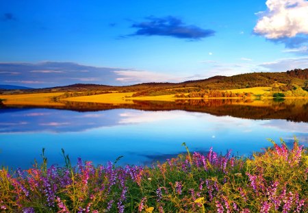 Lake view-Bulgaria - nice, sky, water, view, reflection, pretty, river, clouds, grass, lake, summer, shore, bulgaria, lovely, country, nature, blue, beautiful, flowers, europe