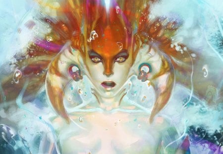 Fantastic creature - water, blue, aries, girl, orange, horns, aqua, fantasy, fish, zodiac, art