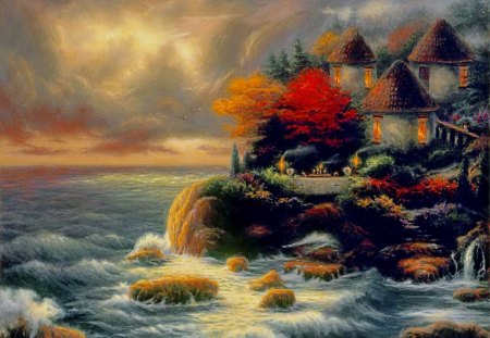 Dinner for two - colorful, sunset, castles, coast, art, evening, afternoon, light, waves, nature, romantic, beautiful, stones, sea, nice, sky, peaceful, rocks, pretty, calmness, clouds, castle, paintings, house, dinner, love, two, ocean, houses, lighthouse, summer, shore, lovely, serenity, village