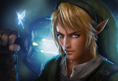 Elf and his sword - elf, warrior, light, blue eyes, wings, fantasy, game, man, sword, fairy