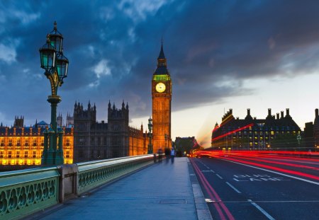 Big Ben - yellow, people, blue, night, light, pink, purple, view, red, sky, game, big ben, scenic, colors, orange, fantasy, ckolck, cloud, bridge