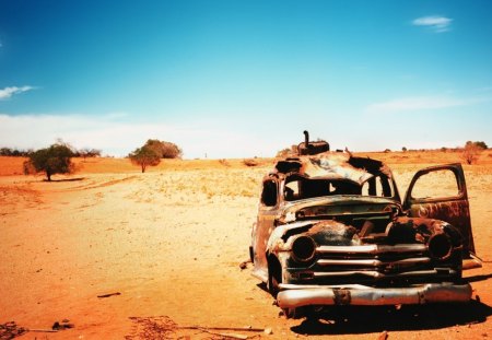 Old Car - landscape, wreck, desert, sun