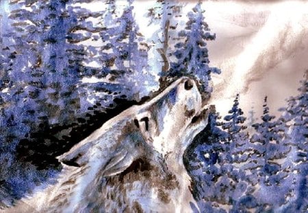 Blue Howl - trees, wolf, snow, forest, howl