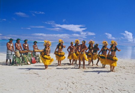 Dancers on Beach in Cook Islands - hula, dancers, pacific, beach, island, oceania, hawaii, polynesia, sand, atoll, paradise, tribal, south, dancer, sea, ocean, tropical, Cook Islands, song