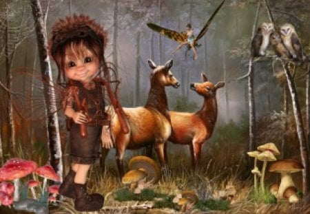 Woody Fairy - wood, autumn, mushroom, elve, forest, deer