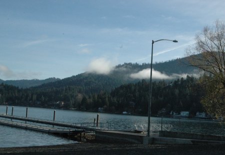 low clouds - clouds, trees, water, mountains, sky