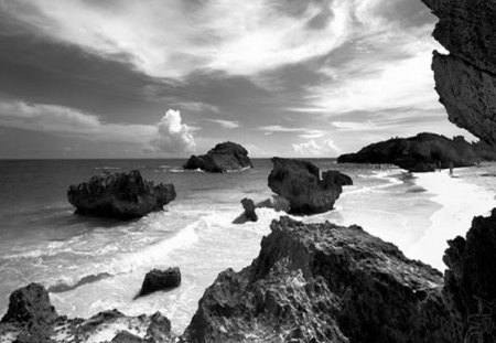 waves rock and sand - beach, rock, waves, sand, day