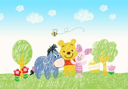 Winnie The Pooh: Crayola Style - sky, eeyore, trees, colorful, hundred acre wood, piglet, winnie the pooh, clouds, crayola, disney, sweet, flowers, cute