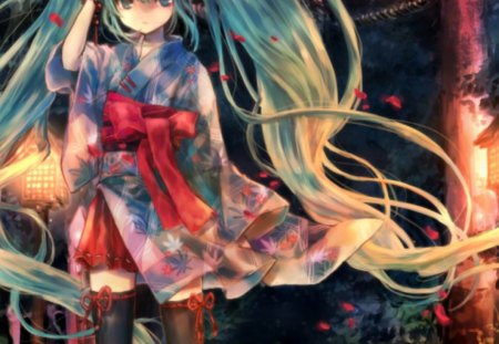 Hatsune Miku - anime, vocaloid, female, dress, hatsune miku, night, green eyes, green hair, light, long hair, dark, mask, superstar, ribbon, idol, twin tails, anime girl, twintails, hot, singer, girl, kimono, petals, yukata, lantern, black, miku, diva, cute, sexy, vocaloids