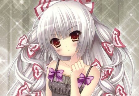 Fujiwara no Mokou - blush, cute, beautiful, white hair, fujiwara no mokou, anime girl, red eyes, ribbon, elegant, gorgeous, sundress, touhou, pretty, kawaii, beauty, sweet, silver hair, anime, dress, long hair, divine, lovely, female