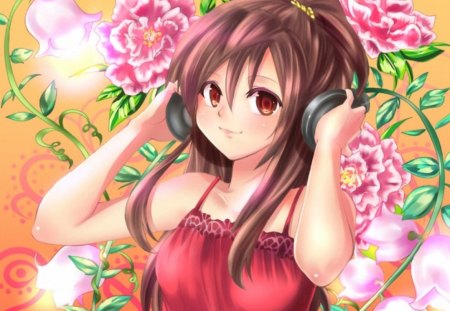 Headphones - beauty, female, headphone, hot, brown eyes, sundress, anime girl, brown hair, peonies, petals, peony, anime, cute, lady, sexy, aiden, girl, light, long hair, lovely, adrable, abstract, kawaii, floral, beautiful, blossom, sweet, smile, dress, happy, flower, adore