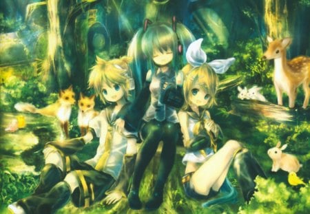 Forest - headphone, female, unny, fox, kagamine len, rin, animal, superstar, len, woods, friend, deer, cute, vocaloid, anime, blonde, hatsune miku, forest, green hair, long hair, plant, boy, male, group, short hair, dol, kagamine rin, idol, twin tails, rabbit, anime girl, twintails, singer, girl, blonde hair, tree, miku, diva, vocaloids