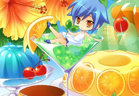 Jello - anime, kawaii, female, cherry, jelly, food, mini, jello, adore, boy, male, short hair, blue hair, fruit, chibi, brown eyes, anime girl, girl, small, lovely, orange, sweet, flower, pudding, cute, adorable, floral