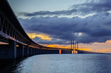 Sunset - clouds, sunset, sea, sky, bridge