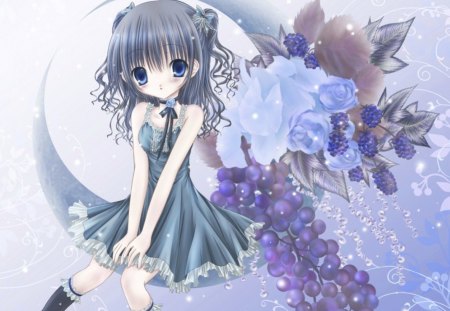 ❀KAWAII❀ - anime, kawaii, female, blue, blossom, long hair, blue hair, fruit, blue eyes, moon, anime girl, grape, girl, flower, petals, cresent, cute, floral