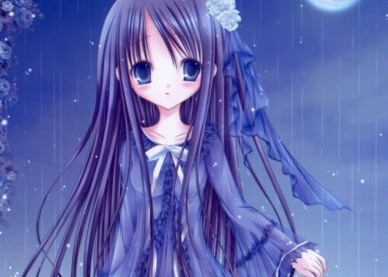 â€KAWAIIâ€ - female, roses, water, anime girl, rose, raining, anime, cute, moon, girl, blue eyes, rain, long hair, night, blue hair, kawaii, floral, blue, flower