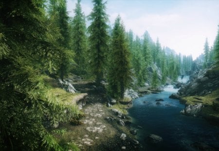 Skyrim: Forest - nature, skyrim, landscape, mountain, forest, beautiful, waterfall